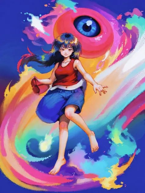(art by Ken Sugimori:1.2) , Thermal camera, eye-level shot of a 1girl barefoot wearing underwear slim asian, Suspicious hair styled as Straight, Bosnian Glowing Gradient Eyes, Gutai Group, 80mm, Fujifilm Superia