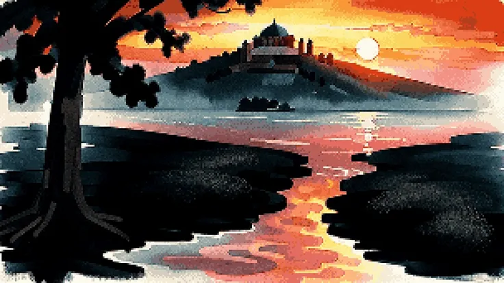 Painting, landscape of a 1950'S Hagia Sophia, woods and water, at Sunset, Movie still, Grim, Colorless