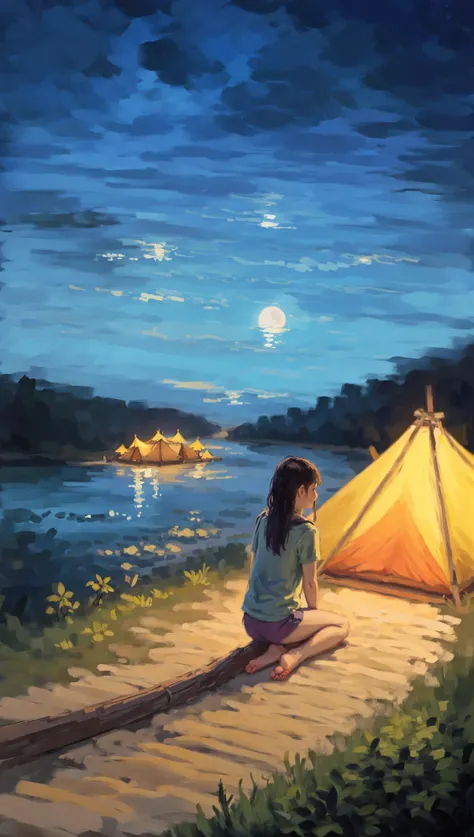 (barefoot 1girl:1.3), masterpiece, campfire, camp, night scenery, near river, backpack, (detailed feet:1.1)