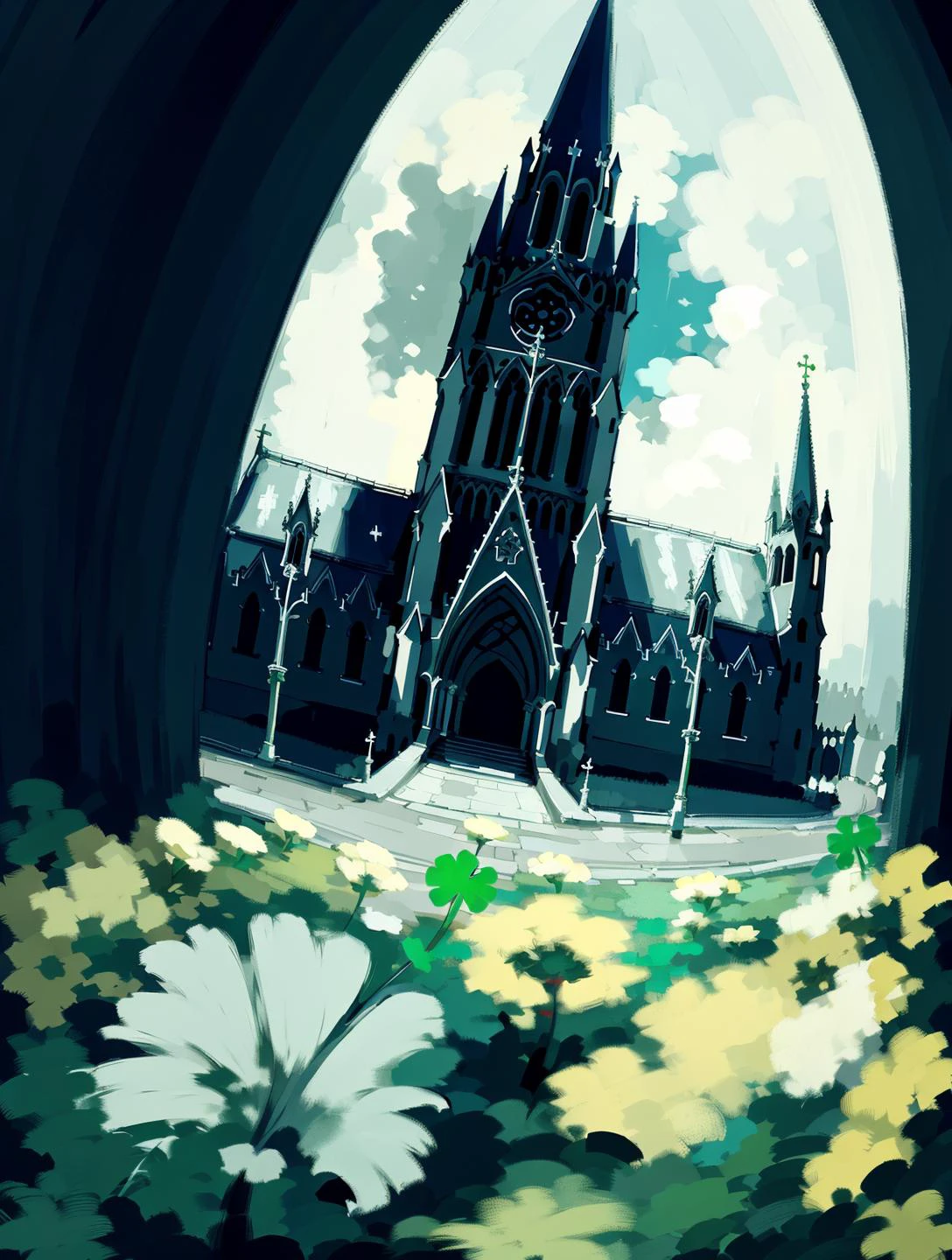 artstyle,, Color splash,  landscape of a  Elegant girl  and St. Patrick's Cathedral, at Twilight, Romantic, Fish-eye Lens, Lomography