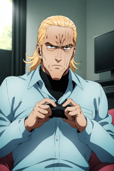 king, anime, one punch, 1boy, upper body, playing games, video games, solo, male focus, blonde hair, scar, serious, indoors, detailed, best quality, <lora:King:0.8>