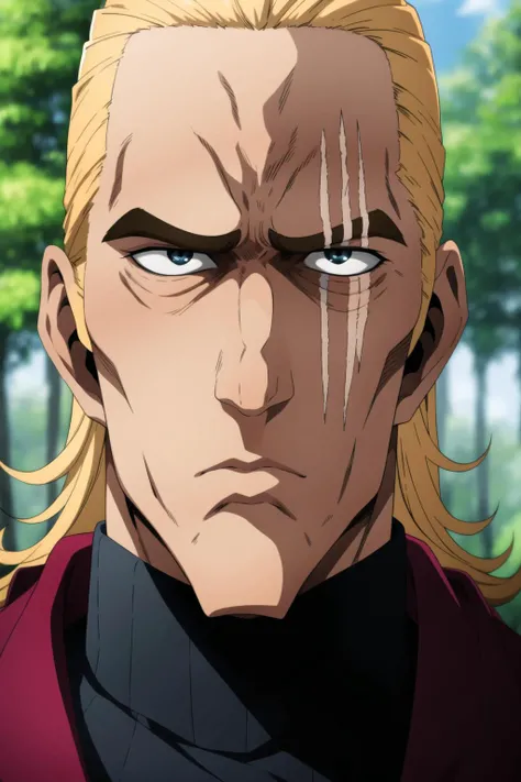 king, anime, one punch, 1boy, upper body, solo, male focus, blonde hair, scar, portrait, detailed, best quality, nature, serious, <lora:King:0.8>