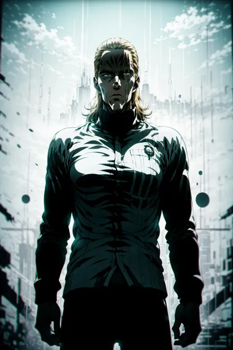 absurdres, (best quality), (masterpiece),(ultra-detailed:1.2),(photorealistic:1.4),ultra high res,cowboy shot,monochrome, grayscale,
1boy,
<lora:King:0.85> king, anime, one punch, shirt,blond hair,
<lora:Sy3:0.8> Sy3,
<lora:flat2:-0.5>,
<lora:LowRa:-0.2>,