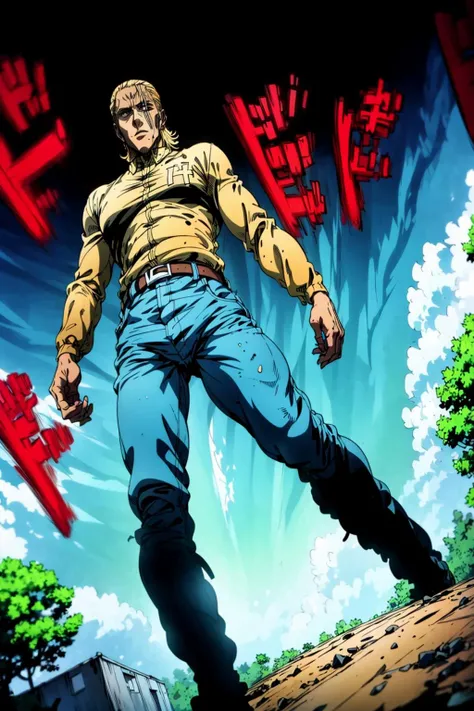 absurdres, (best quality), (masterpiece),(ultra-detailed:1.2),(photorealistic:1.4),ultra high res,full body,front,
1boy,
<lora:King:0.85> king, anime, one punch, shirt,blond hair,
<lora:ApproachingMe:0.7> ,text,
<lora:flat2:-0.5>,
<lora:LowRa:-0.2>,