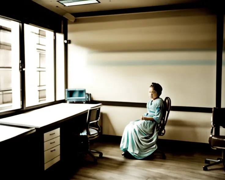 <lora:Kozaburo_Tamamura_style_v2:0.7>, <lora:Vermeer_v1:0.7>, indoors, chair, (1girl:1.2), desk, blue dress