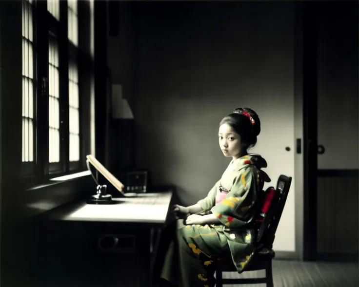 <lora:Kozaburo_Tamamura_style_v2:0.5>, <lora:Vermeer_v1:0.5>, indoors, chair, (1girl:1.2), desk, kimono, Japanese dress, detailed face, dark theme, Vermeer, Tamamura