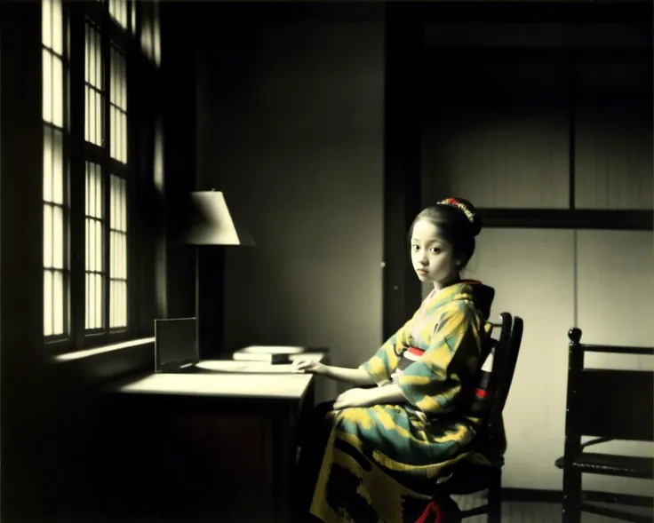 <lora:Kozaburo_Tamamura_style_v2:0.5>, <lora:Vermeer_v1:0.5>, indoors, chair, (1girl:1.2), desk, kimono, Japanese dress, detailed face, dark theme, Vermeer, Tamamura