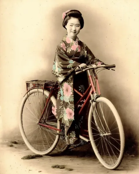 <lora:Kozaburo_Tamamura_style_v2:0.7>, 1girl, solo, looking at viewer, smile, short hair, skirt, black hair, hair ornament, standing, monochrome, full body, japanese clothes, signature, kimono, traditional media, floral print, ground vehicle, hakama, hakama skirt, motor vehicle, spot color, realistic, pink kimono, old, sepia, bicycle, cane, meiji schoolgirl uniform, brown theme, fine art parody, old woman, wheelchair, texture, Tamamura