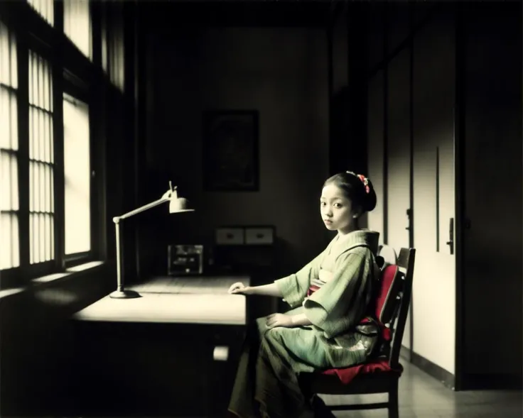 <lora:Kozaburo_Tamamura_style_v2:0.5>, <lora:Vermeer_v1:0.5>, indoors, chair, (1girl:1.2), desk, kimono, Japanese dress, detailed face, dark theme, Vermeer, Tamamura