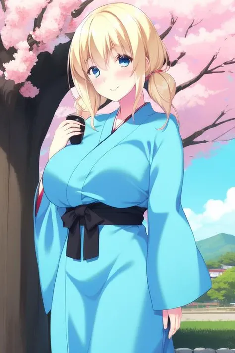<lora:Uekusa_Hibari:0.8>,  UekusaHibari, 1girl, solo,  blonde hair,  smile, blue eyes, blush,  twintails, large breasts, bangs, long hair,  hair between eyes, cowboyShot,
japanese white clothes, miko, red hakama, shrine, cherry blossom,
masterpiece, high quality, very_high_resolution, large_filesize, full color,