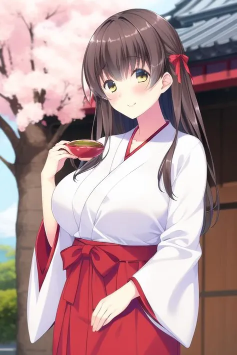 <lora:Uekusa_Hibari:0.8>, UekusaHibari, 1girl, solo, brown hair, long hair, hair ribbon, blush, yellow eyes, large breasts, smile,
japanese white clothes, miko, red hakama, shrine, cherry blossom,
masterpiece, high quality, very_high_resolution, large_filesize, full color,