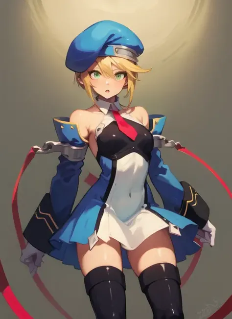 (masterpiece, best quality, high resolution),cowboy shot, 1girl, noelms, thighhighs, hat, boots, beret, necktie, detached sleeves, short hair, black thighhighs, ribbon, gloves, dress, zettai ryouiki, bare shoulders, short dress, <lora:NoelMS:1>