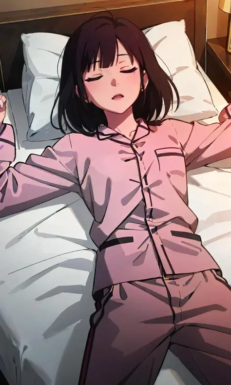 1girl, solo, qiaoling, lying, on bed, on back, (red pajamas:1.2), closed eyes<lora:qiaoling:1>