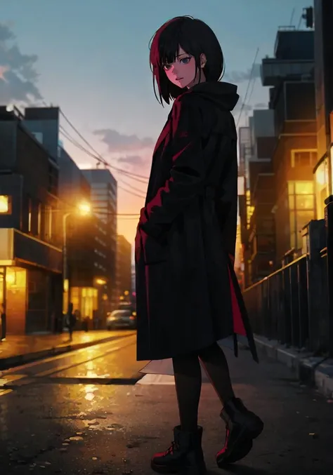 1girl, solo, outdoors, night, [full body], qiaoling, from behind, looking back, black jacket, black coat, silhouette<lora:qiaoling:1>