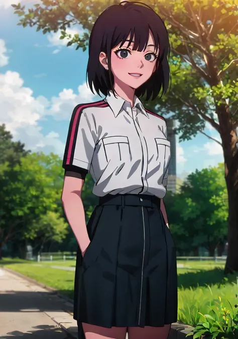 1girl, solo, cowboy shot, park, tree, grass, greenery, (cobblestone:1.2), qiaoling, collared shirt, breast pocket, skirt, smile<lora:qiaoling:1>