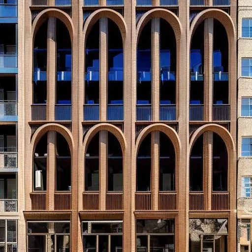 A modern building facade featuring intricate brickwork with decorative patterns and geometric complexity. A three-dimensional facade creating shadows and depth.  Expansive glass windows with decorative and detailed brick frames around them are also included. Alternating thick and thin brick layers, curved and sharp brick sections to demonstrate flexibility in brick use.