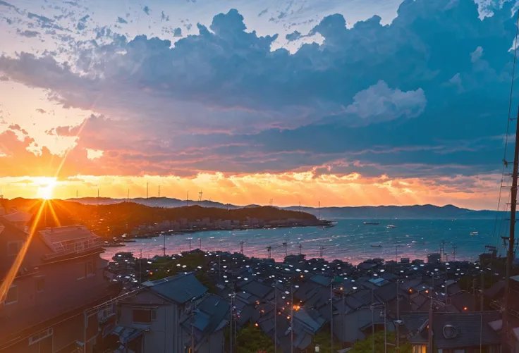 magnificiently illuminated sky, sunrise, rays, cloudy, view over a cute seaside town <lora:beautifulSky_beautifulSky:0.8> Style-Photoanime, multicolor sky, cumulus cloud, particles of light, sunlight reflects in body of water, shooting star, highly detailed, intricate