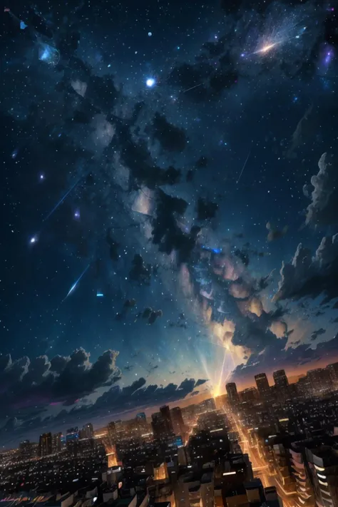 (masterpiece), best quality, extremely detailed, ultra-detailed,
official art, extremely detailed CG unity 8k wallpaper, perfect lighting,
<lora:sky:1> crowd city, cityscape, bird's view, horizon,
midnight, starry sky, shooting star, moon,
magnificiently illuminated sky, cloudy, view over a cute seaside town,
multicolor sky, cumulus cloud, particles of light, shooting star,