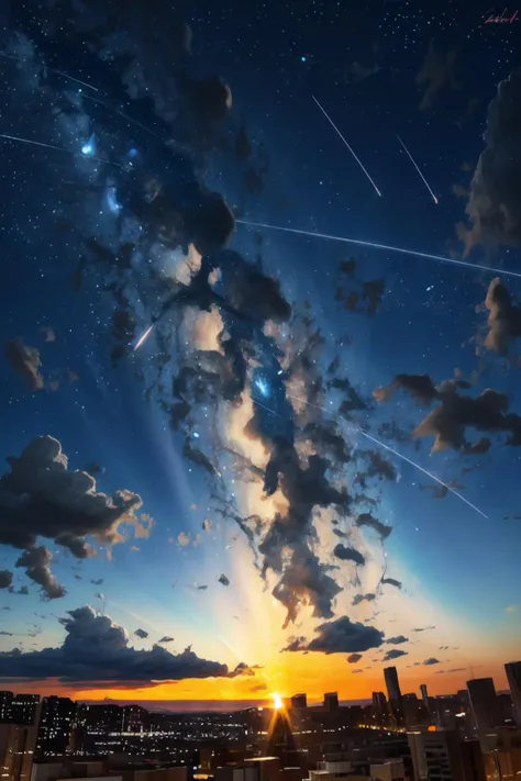 (masterpiece), best quality, extremely detailed, ultra-detailed,
official art, extremely detailed CG unity 8k wallpaper, perfect lighting,
<lora:sky:1> crowd city, cityscape, bird's view, horizon, 
midnight, starry sky, shooting star, moon,
magnificiently illuminated sky, cloudy, view over a cute seaside town,
multicolor sky, cumulus cloud, particles of light, shooting star, 