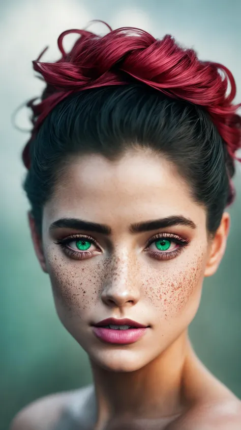 beautiful lady, freckles, dark makeup, hyperdetailed photography, soft light, head and shoulders portrait, cover,| (darkness:1.1), clouds, deep shadow, darkness, award-winning photo, extremely detailed, amazing, fine detail, absurd, ([Cobie Smulders|Jennifer Aniston|Emilia Clarke]:0.8), perfect beautiful woman extremely detailed, extremely symmetrical extreme detailed symmetrical eyes and face, sharp piercing green eyes lumen lighting, detailed clothing, smooth and lean glowing skin, subsurface glow, (goth: 0.8), double bun, bangs, ruffles, skirt, red hair, by lee jeffries [ (Color Burst Psychedelic Ink Colors: 1.21): : 0.15], Film Photography Nikon D850 4 Camera Kodak Portra 400 Lens F1.6 Rich Colors Hyper Realistic Texture Realistic Lighting Dramatic Irrealengine Trend in Artstation Cinestill 800 Tungsten, Style-Neeko , (Good Heart: 0.7), (modest: 0.8 ), happy, excited, (coarse: 0.8), lips parted, close portrait style-swirlmagic