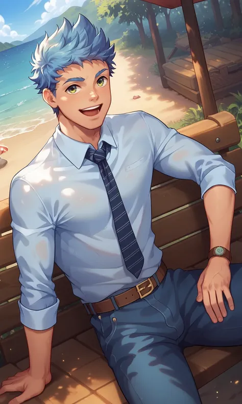 score_9, score_8_up, score_7_up, masterpiece, best quality, lots of details, close-up, ((1boy)), Lloyd, short stature, solo, blue hair, male focus, sitting on bench, open mouth, smile, striped necktie, blue shirt, shirt tucked in, collared shirt, blue pants, belt, shaded, detailed shading, detailed skin, shaded skin, realistic shading, looking at viewer, Expressiveh, countershading:1.1, scout camp, outdoors, day, <lora:add-detail-xl:0.7>, <lora:Smooth Anime 2 Style SDXL_LoRA_Pony Diffusion V6 XL:0.8>, <lora:Expressive_H:0.7>, <lora:Lloyd_XL_V10_OPT:0.9>