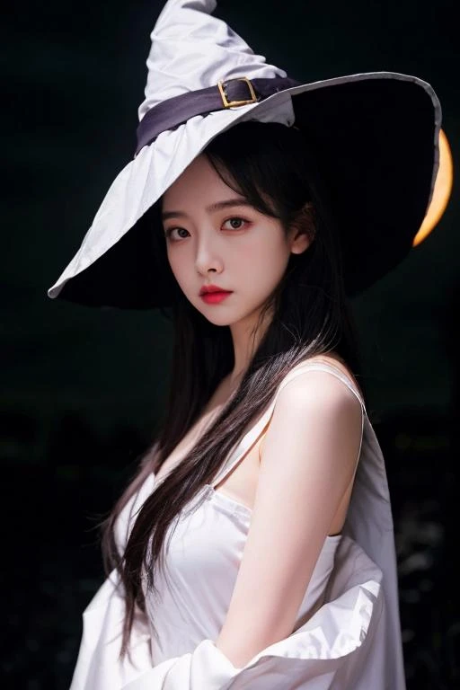 1girl, solo, wearing a witch outfit with white long hair, hallowen theme background with gloomy pumpkin glowing in the dark and full moon, mature body, upper body, wearing witch hat,<lbm=FACES>