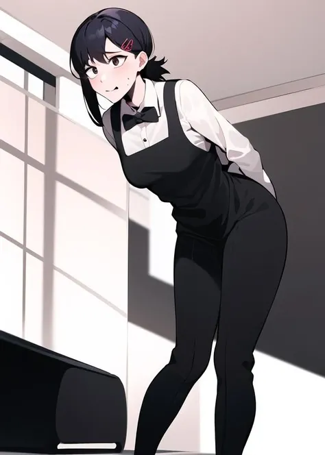 masterpiece, absurdres, full body, <lora:higashiyama_kobeni:1>higashiyama_kobeni, hair ornament, hairclip, 1girl, solo, black hair, short ponytail, collared shirt, bowtie, apron, slacks, pants, nervous, cowboy shot,