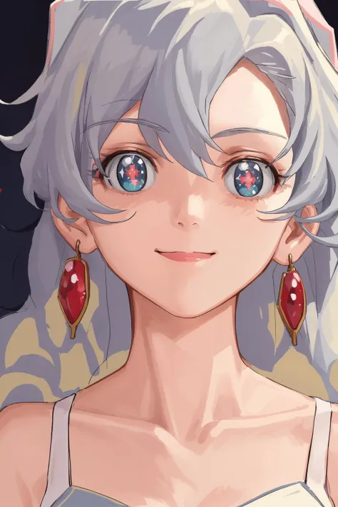 masterpiece, best quality, 1girl, solo, Nia Teppelin, long hair, sparkling eyes, portrait, white hair, looking at viewer, jewelry, smile <lora:2D ART α-000010:1> <lora:Nia TeppelinV3:0.8>