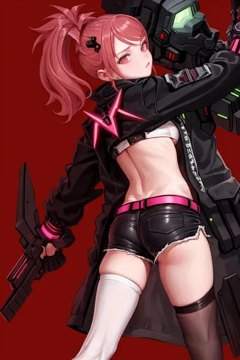 masterpiece, best quality, jacket, cyberpunk, navel, underboob, thighhighs, (red background:1.1), simple background, pink hair, side ponytail, looking back, shorts <lora:2D ART α-000010:0.9>