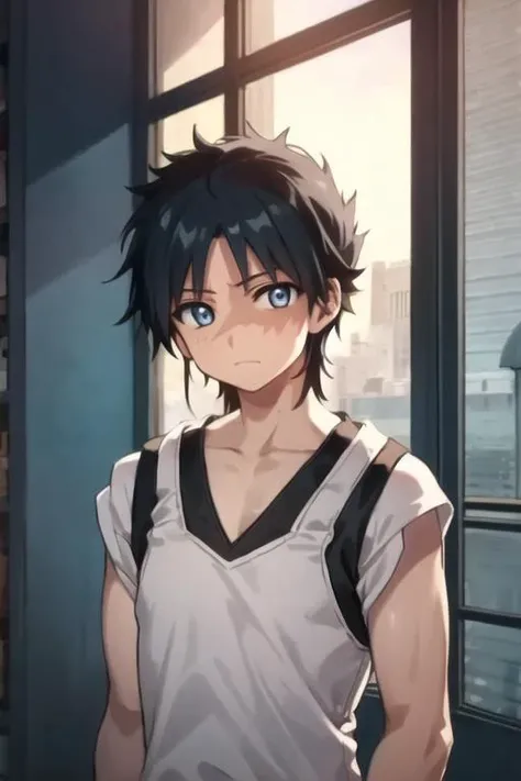 masterpiece, best quality, high quality, 1boy, solo, male focus, looking at viewer, upper body, <lora:hakuryuu_ren:0.68>, hakuryuu_ren, black hair, blue eyes, tank top