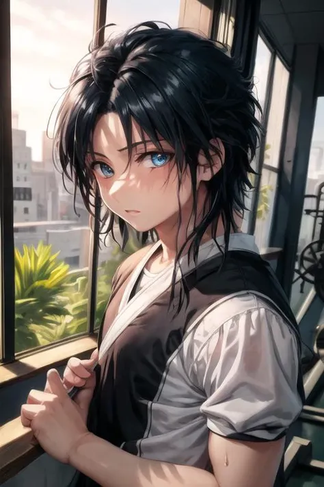 masterpiece, best quality, high quality, 1boy, solo, male focus, looking at viewer, upper body, <lora:hakuryuu_ren:0.76>, hakuryuu_ren, black hair, blue eyes, gym uniform