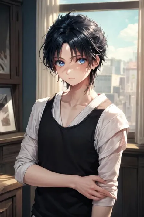 masterpiece, best quality, high quality, 1boy, solo, male focus, looking at viewer, upper body, <lora:hakuryuu_ren:0.72>, hakuryuu_ren, black hair, blue eyes, tank top