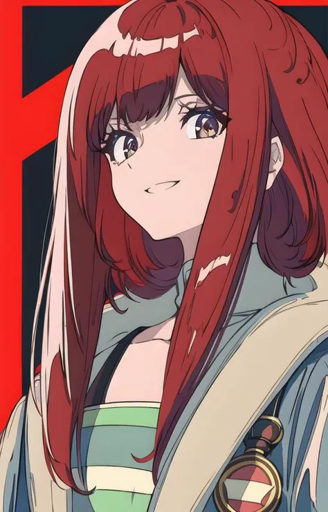 young woman,(Highest picture quality), (Master's work), (Detailed eye), (8K wallpaper),(Detailed face),(flat color:1.3), <lora:ligneClaireStyleCogecha_v10:1>, (multicolored_background:1.3),striped_background, solo, smile, full body, looking at viewer,flat chest,(((masterpiece))),(best quality), (beautiful detailed shiny red hair:1.2), hair_over_one_eye, card_background, mixed-language_text, dvd_cover, cover page,