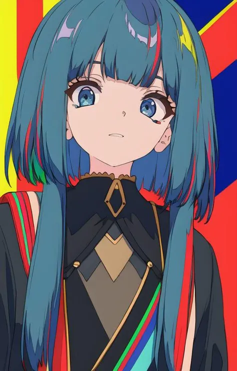 young woman,(Highest picture quality), (Master's work), (Detailed eye), (8K wallpaper),(Detailed face),(flat color:1.3), <lora:ligneClaireStyleCogecha_v10:1>, (multicolored_background:1.3),striped_background, solo, screaming, full body, (from above:1.1),flat chest,(((masterpiece))),(best quality), (beautiful detailed shiny blue hair:1.2), hair_over_one_eye, card_background, mixed-language_text, dvd_cover, cover page,