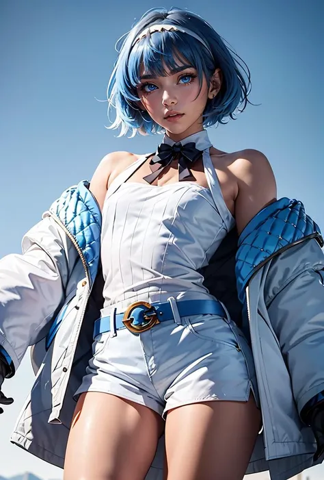 (masterpiece, best quality), 1girl, <lora:SuzukiTsudumiAI_V01:0.8> SuzukiTsudumiAI,1girl, blue eyes, blue hair, short hair, bangs, hairband, off shoulder, white gloves, half gloves, white shirt, blue belt, blue jacket:1.3, open jacket:1.3, puffed sleeves, long sleeves:1.3, white shorts, short shorts,