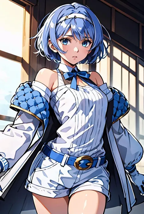 (masterpiece, best quality), 1girl,   <lora:SuzukiTsudumiAI_V01:0.8> SuzukiTsudumiAI,1girl,  blue eyes, blue hair, short hair, bangs, hairband, off shoulder, white gloves, half gloves, white shirt, blue belt, blue jacket:1.3, open jacket:1.3, puffed sleeves, long sleeves:1.3, white shorts, short shorts,