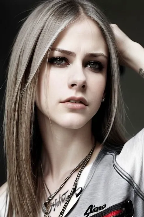 (CR-4vrilLavigne-sstylerdurden879:0.9), face closeup photo of woman, grey background, (slick undercut hair:1.3),
