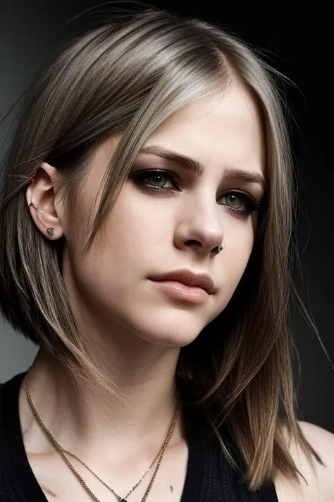 (CR-4vrilLavigne-sstylerdurden879:0.9), face closeup photo of woman, grey background, (undercut hair:1.3),