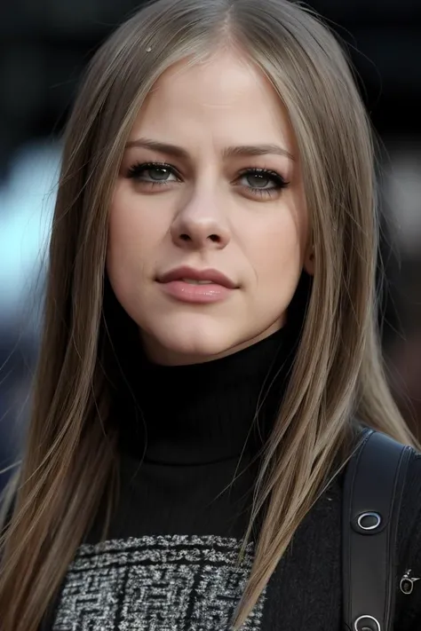 a photo of 4vr1ll4v1gn3, a woman (wearing a turtleneck jumper), on a premiere movie event, standing on the red carpet, (focus on face:1.2), (masterpiece:1.2), (photorealistic:1.2), (bokeh), (best quality), (detailed skin:1.2), (intricate details), (8k), (HDR), (cinematic lighting), (sharp focus), (close-up:1.4)