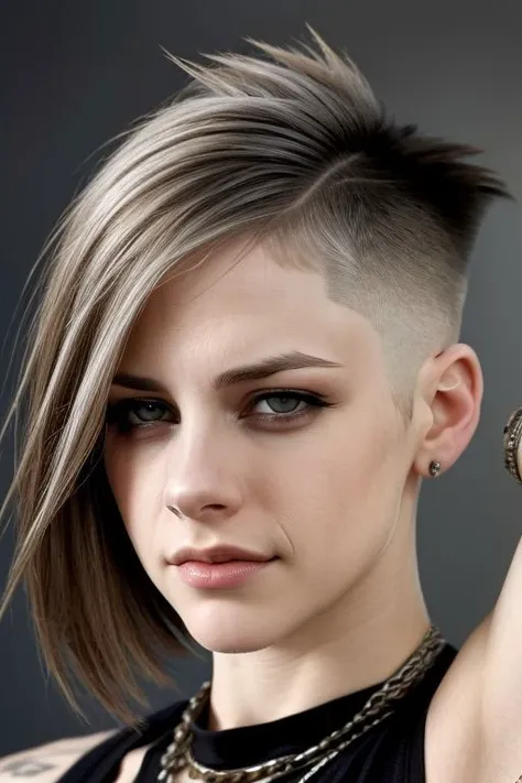 (CR-4vrilLavigne-sstylerdurden879:0.9), face closeup photo of woman, grey background, (undercut hair:1.4),