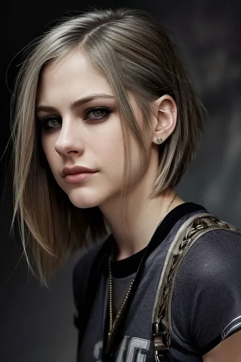 (CR-4vrilLavigne-sstylerdurden879:0.9), face closeup photo of woman, grey background, (undercut hair:1.3),