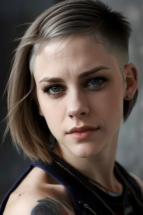 (CR-4vrilLavigne-sstylerdurden879:0.9), face closeup photo of woman, grey background, (undercut hair:1.4),