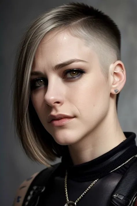 (CR-4vrilLavigne-sstylerdurden879:0.9), face closeup photo of woman, grey background, (undercut hair:1.3),