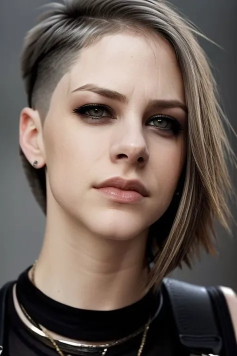 (CR-4vrilLavigne-sstylerdurden879:0.9), face closeup photo of woman, grey background, (undercut hair:1.4),