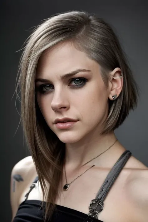 (CR-4vrilLavigne-sstylerdurden879:0.9), face closeup photo of woman, grey background, (undercut hair:1.3),