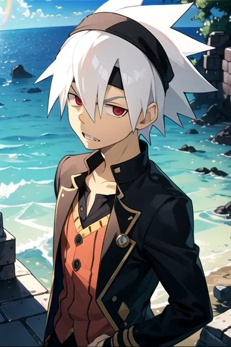masterpiece, best quality, game cg, 1boy, solo, male focus, looking at viewer, upper body, , , , <lora:soul_eater_evans:0.68>, soul_eater_evans, white hair, red eyes, spiked hair, teeth, headband, henley, bowler hat, Atlantis: A lost city of great wisdom and power, now drowned beneath the sea,