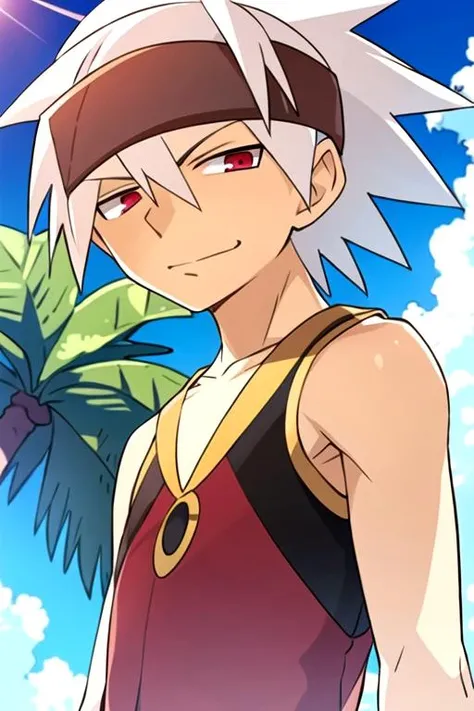 masterpiece, best quality, game cg, 1boy, solo, male focus, looking at viewer, upper body, depth of field, anime coloring, , <lora:soul_eater_evans:0.70>, soul_eater_evans, white hair, red eyes, spiked hair, , headband, , A tropical paradise where the sun shines brightly every day,