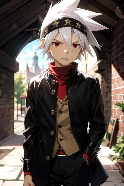 masterpiece, best quality, , 1boy, solo, male focus, looking at viewer, , depth of field, , , <lora:soul_eater_evans:0.72>, soul_eater_evans, white hair, red eyes, spiked hair, teeth, headband, , medieval europe,