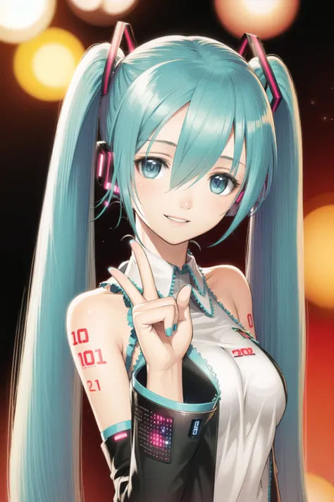 <lora:shining:1>
1girl, solo focus, (hatsune miku:1.2), hatsune miku \(cosplay\), looking at viewer, green hair, smile, vocaloid, [[[nail polish, "01" arm tattoo,]]], peace sign, peace sign over eye,
abstract background, bokeh, bloom, depth of field, portrait,