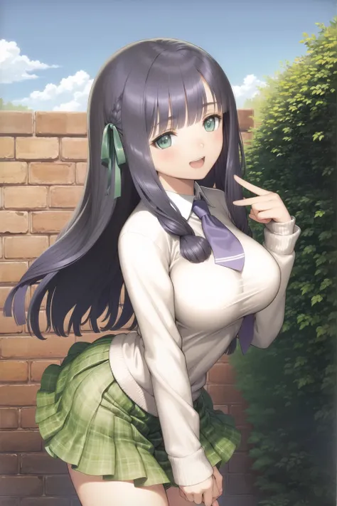 <lora:shining:1>
1girl,  (white sweater:1.2), blue necktie,  white shirt, green plaid, plaid skirt, tiles, (purple hair:2), long hair, open mouth, green eyes, skirt, brick wall, tile floor, solo, blush,outdoors, :D, nature, blue sky,  messy hair, winter, very long hair, wavy hair, double-breasted, 
scan, masterpiece, (highres 1.2), (ultra-detailed 1.2), (illustration 0.4), detailed render,